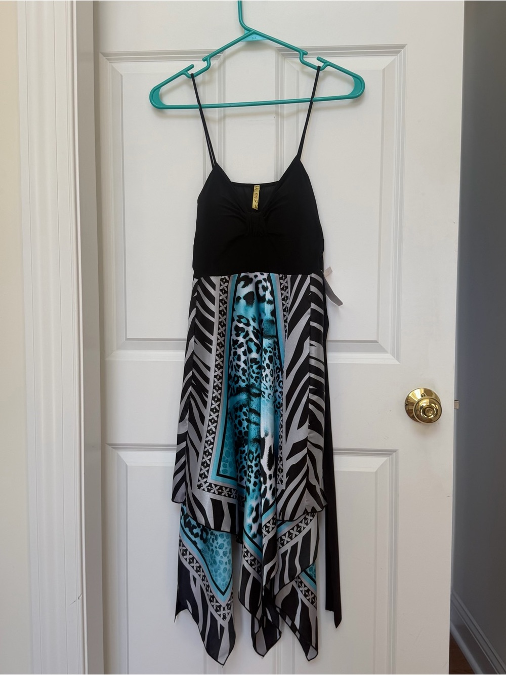 Black and Teal Handkerchief Hem High-Low Dress